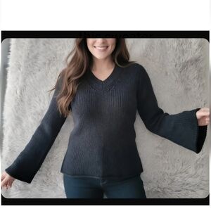 Vintage Newport News Jeanology Black Chunky Knit V Neck Sweater Black Flared XL